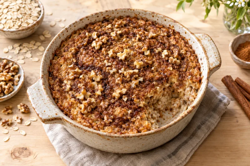 Veganes Zimtschnecken-Oatmeal mit Walnüssen in Auflaufform, goldbraun, Zimt-Swirl und Walnussstücke sichtbar
