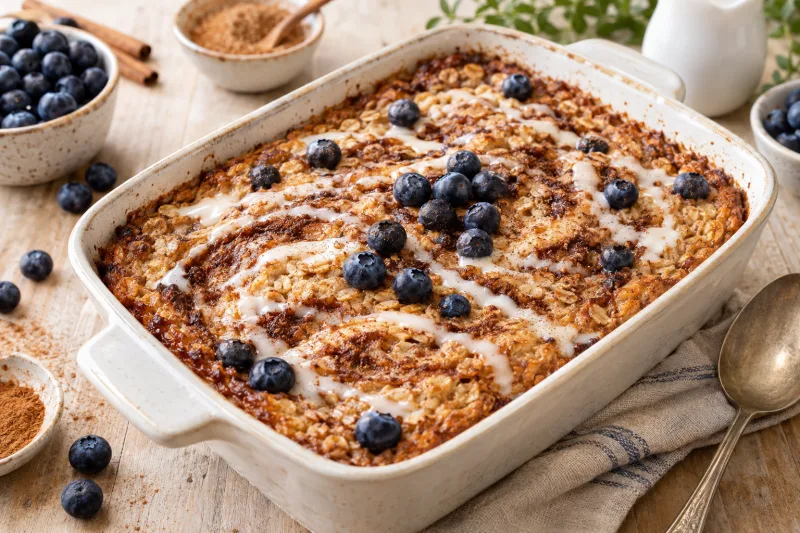Veganes Zimtschnecken-Oatmeal in einer Auflaufform mit Zimt-Swirl und Puderzucker-Glasur, serviert mit Beeren