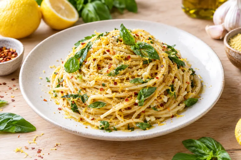 Teller mit Zitronen-Basilikum-Spaghetti, bestreut mit frischem Basilikum und Zitronenschale