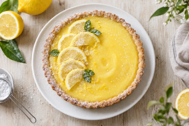 Vegane Zitronen-Tarte mit gelber Füllung auf einem Teller, dekoriert mit Zitronenscheiben und Puderzucker