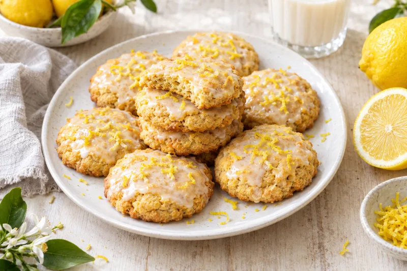 Vegane Zitronenkekse auf einem Teller, mit Zitronenguss bestrichen, daneben eine halbe Zitrone