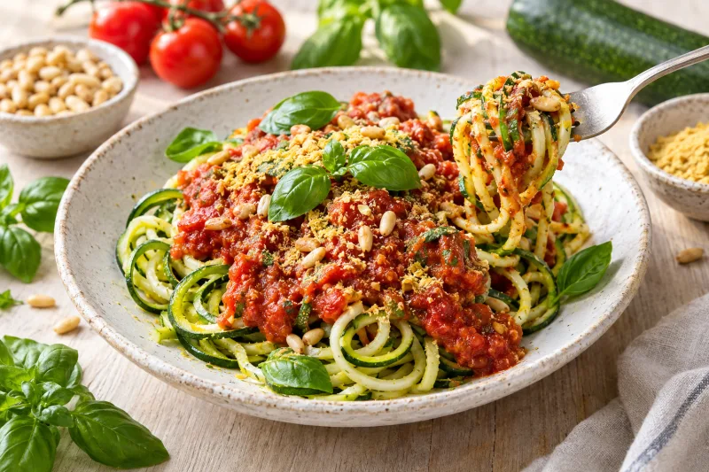 Zucchini-Spaghetti mit Tomatensauce und Basilikum auf einem weißen Teller, garniert mit Pinienkernen und Hefeflocken.