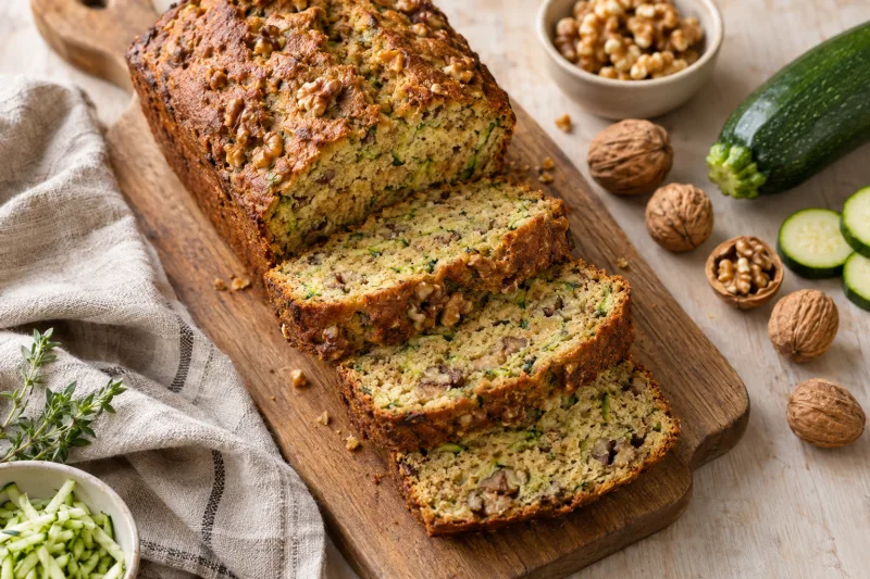 Saftiges veganes Zucchinibrot mit Walnüssen auf einem Holzbrett, daneben Zucchinischeiben und Walnüsse