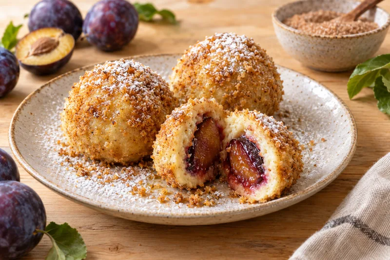 Vegane Zwetschgenknödel mit Puderzucker bestäubt, umgeben von goldbraunen Semmelbröseln und Zimt