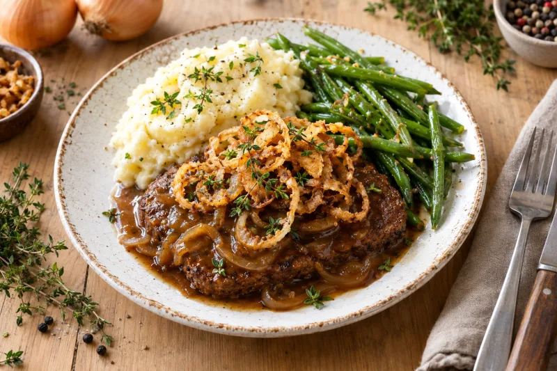 Veganer Zwiebelrostbraten mit Seitan auf Teller, garniert mit Röstzwiebeln und Sauce