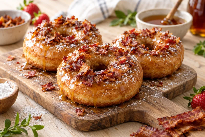 Vegane Donuts mit Ahornsirup-Glasur und knusprigem veganem Speck auf einem Teller