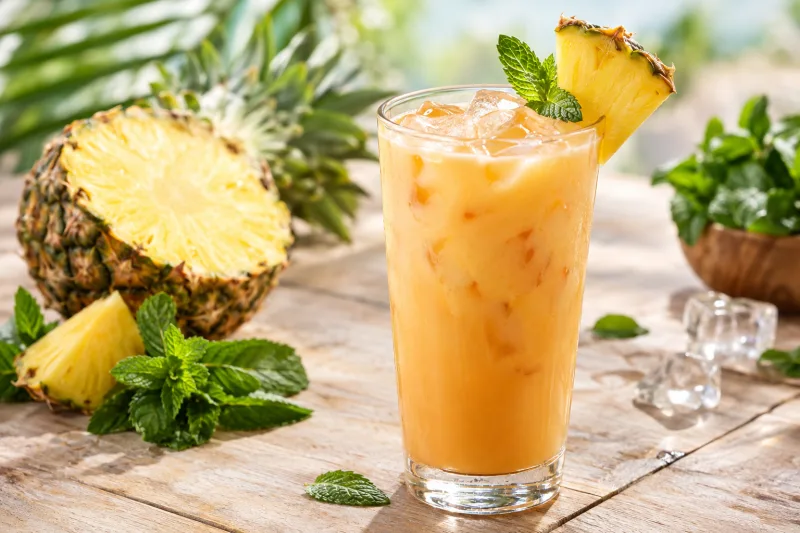 Glas mit Ananas-Kokos Eistee, garniert mit Ananasscheibe und Eiswürfeln
