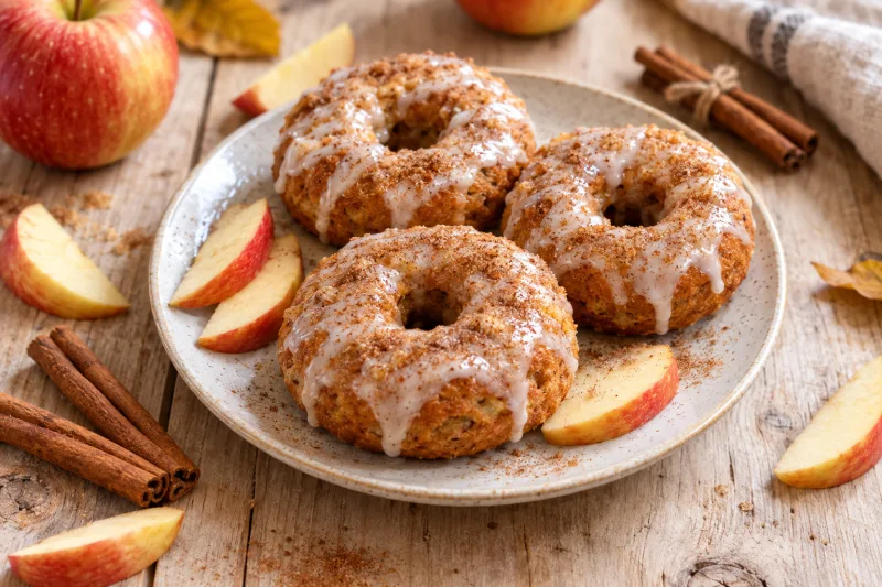 Vegane Apfel-Zimt-Donuts mit Zuckerguss auf einem Teller, daneben Zimtstangen