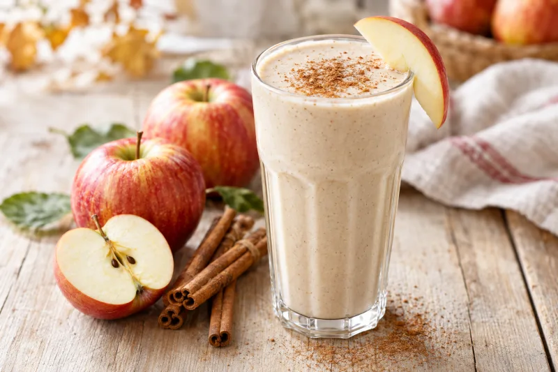 Cremiger Apfel-Zimt-Shake im Glas, bestreut mit Zimt und Apfelscheiben