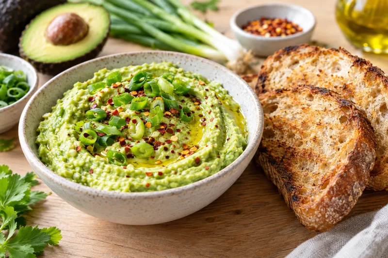 Cremiger veganer Avocado-Aufstrich mit Frühlingszwiebeln auf geröstetem Brot