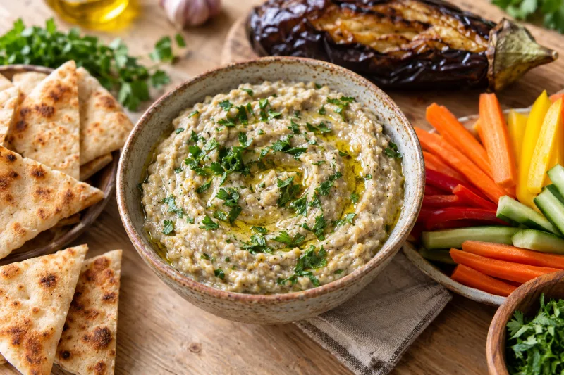 Cremiger Baba Ganoush in einer Schale mit Olivenöl und Petersilie garniert