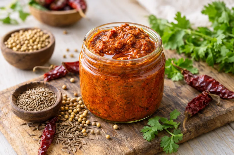 Vegane Balti Currypaste in einem Glas mit frischen Gewürzen und Kräutern