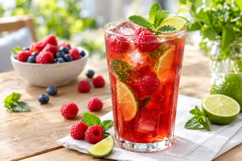 Glas mit rotem Beeren-Eistee, Eiswürfeln, Limettenscheiben und Minze