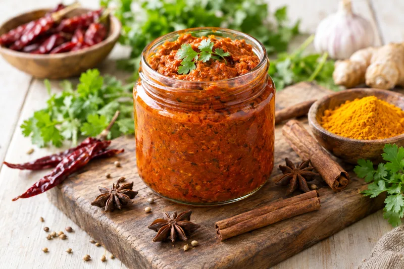 Vegane Biryani-Currypaste in einem Glas mit frischer Koriander-Garnitur und Gewürzen