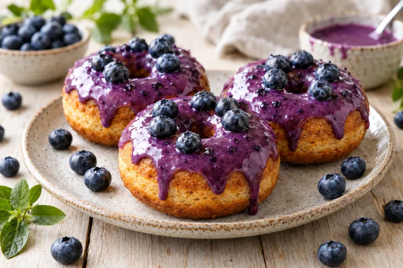 Vegane Blaubeer-Glasur Donuts auf einem Teller mit frischen Blaubeeren