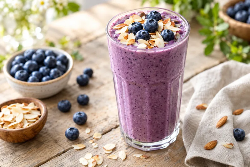 Cremiger veganer Blaubeer-Mandel-Shake in einem Glas mit gehobelten Mandeln