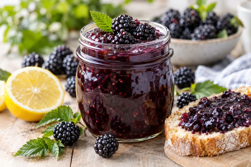 Dunkle, glänzende Brombeermarmelade in einem Glas, daneben frische Brombeeren