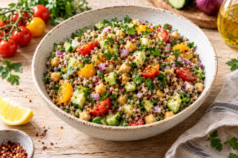 Veganer Buchweizen-Kichererbsen-Salat mit Tomaten, Gurke und Petersilie in einer Schüssel