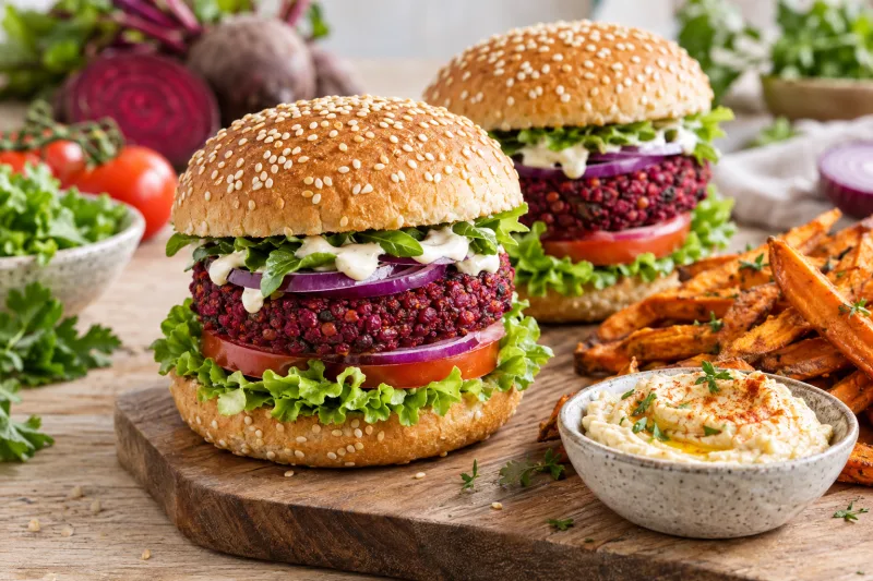 Vegane Bulgur-Rote-Bete-Burger mit Salat, Tomate und veganer Mayo auf einem Teller