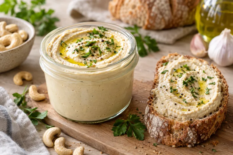 Cremige vegane Cashew-Creme in einem Glas mit frischer Petersilie garniert