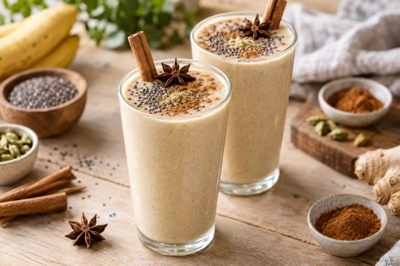 Veganer Chai-Gewürz-Smoothie in zwei Gläsern mit Chiasamen bestreut