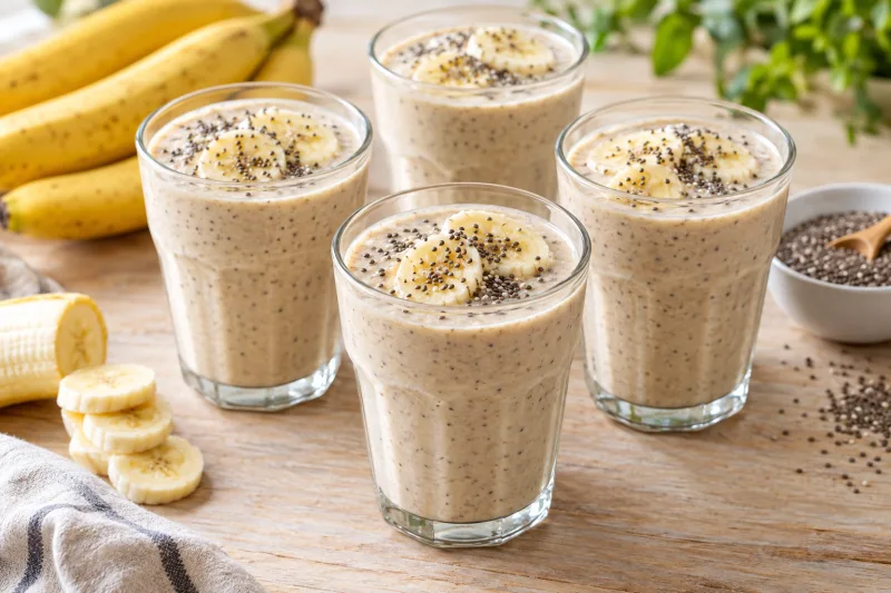 Vier Gläser mit cremigem Chia-Bananen-Shake, garniert mit Bananenscheiben und Chiasamen