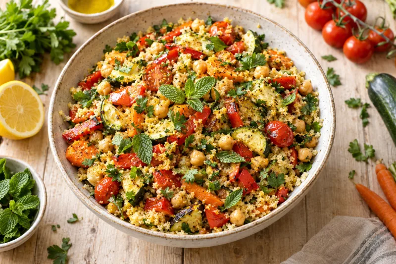 Bunter veganer Couscous-Gemüse-Salat mit Kichererbsen, Tomaten und frischen Kräutern in einer Schüssel