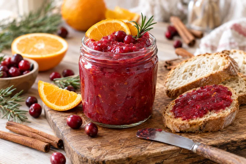 Veganer Cranberry-Orangen-Aufstrich in einem Glas, daneben frisches Brot und Orangenscheiben
