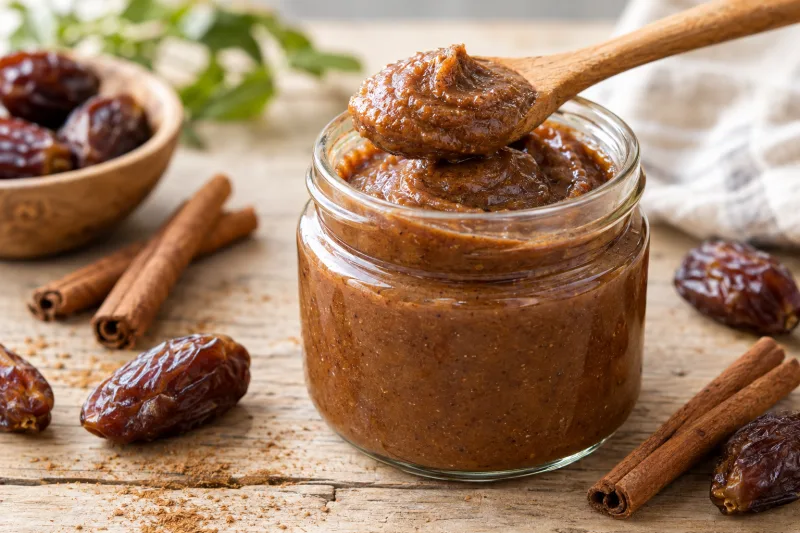 Cremiger veganer Dattel-Zimt-Aufstrich in einem Glas mit Zimtstangen