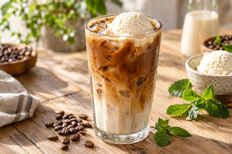 Glas mit veganem Eiskaffee, Hafermilch und einer Kugel Vanilleeis