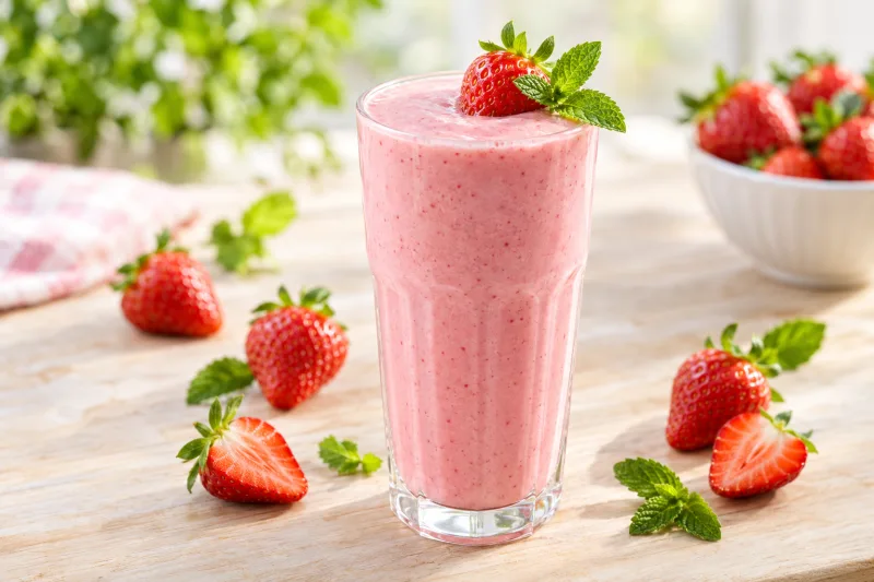 Veganer Erdbeer-Shake in einem Glas mit frischen Erdbeeren garniert