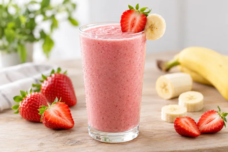 Rosa Erdbeere-Bananen-Shake in einem Glas mit frischen Erdbeeren und Bananenscheiben