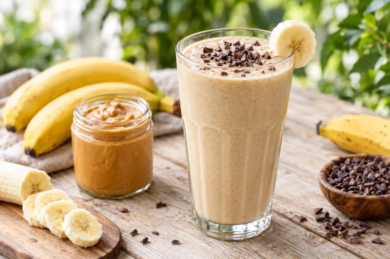Cremiger veganer Erdnussbutter-Bananen-Shake in einem Glas mit Kakaonibs bestreut