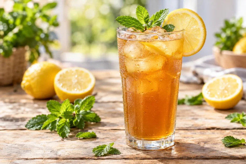 Glas mit veganem Zitronen-Eistee, Eiswürfeln, Zitronenscheibe und Minze