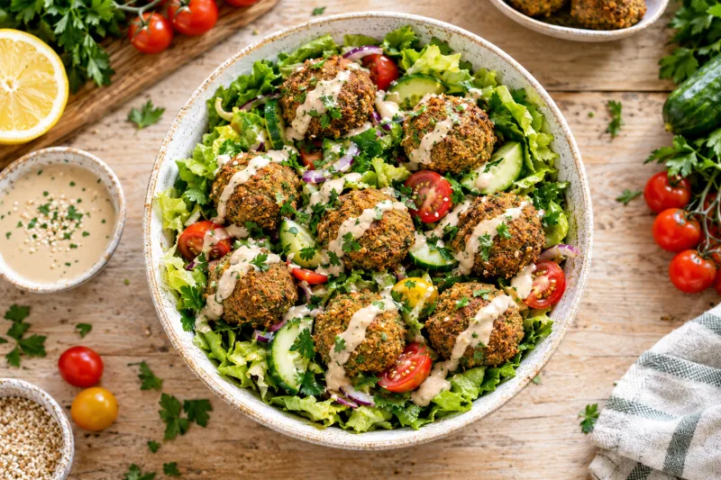 Bunter Falafel-Salat mit knusprigen Kichererbsenbällchen, Tomaten, Gurke und Tahin-Dressing