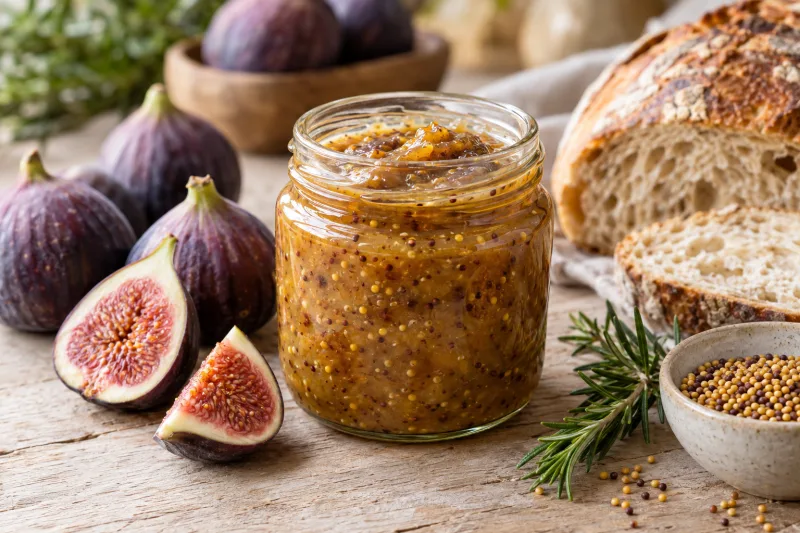 Veganer Feigen-Senf-Aufstrich in einem Glas mit frischen Feigen und Brot