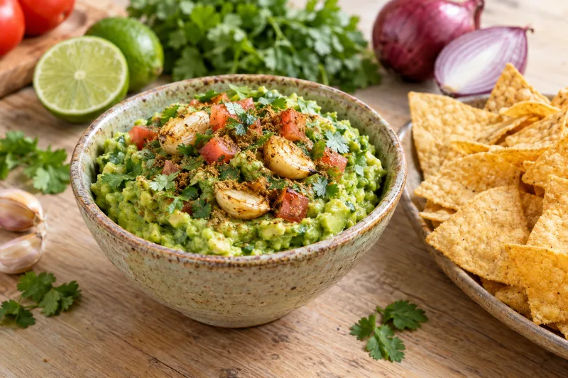 Vegane Guacamole mit geröstetem Knoblauch in einer Schüssel, garniert mit Koriander und Tomatenwürfeln.