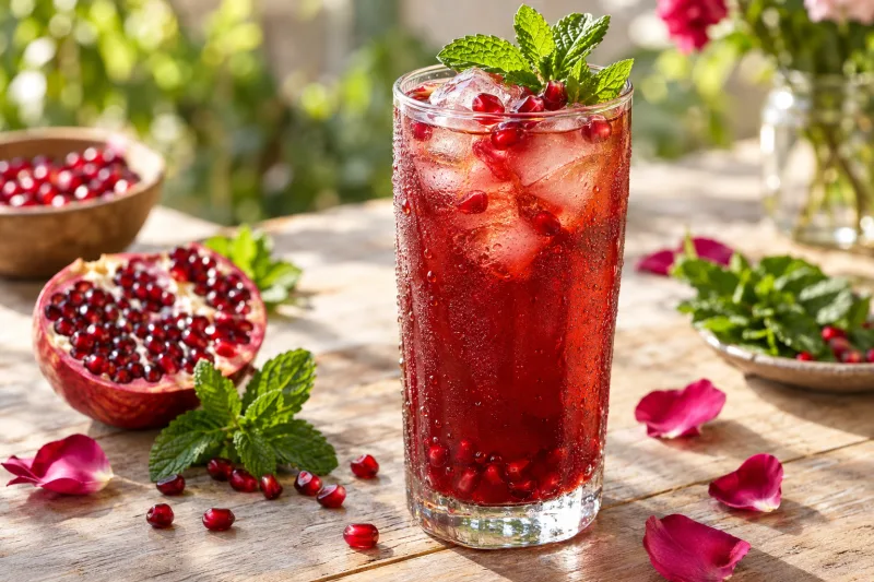 Glas mit Granatapfel-Rosen-Eistee, Eiswürfeln, Minze und Granatapfelkernen