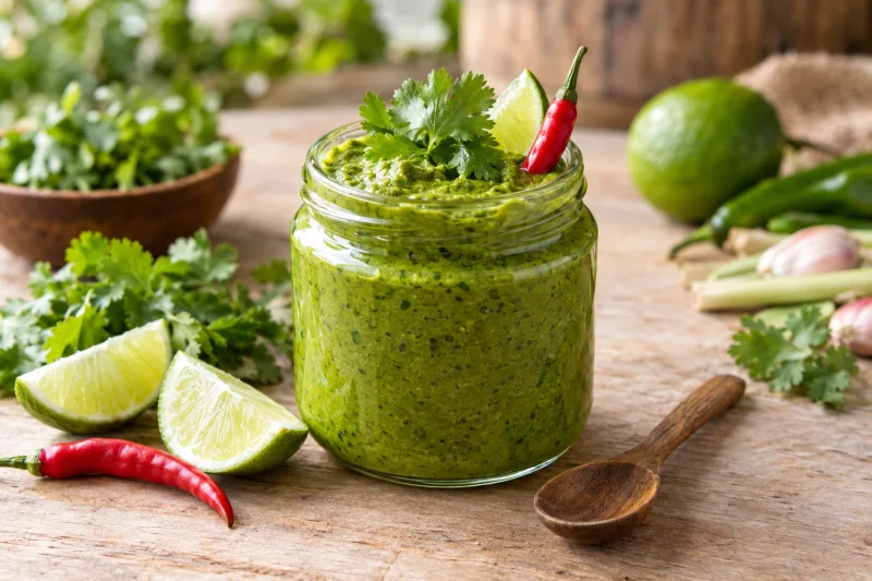 Grüne Currypaste in einem Glas mit frischen Kräutern und Limette