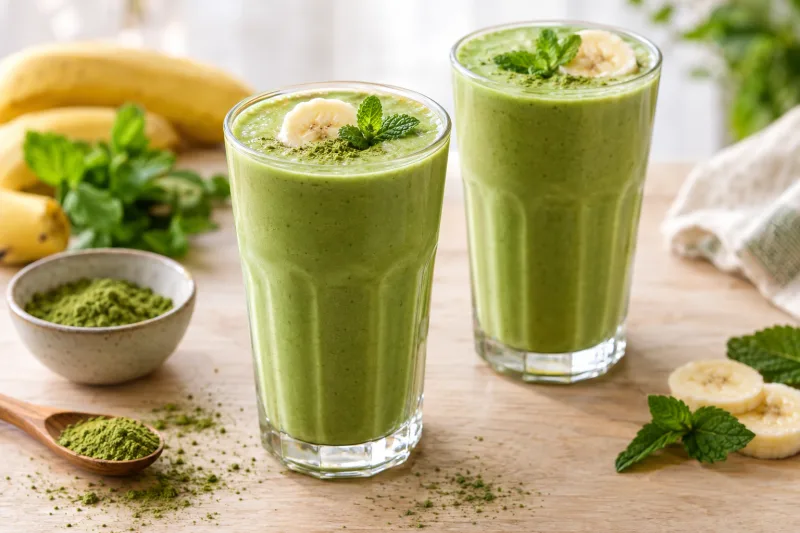 Grüner Matcha-Shake in zwei Gläsern, cremig, mit Bananenscheiben und Minze garniert
