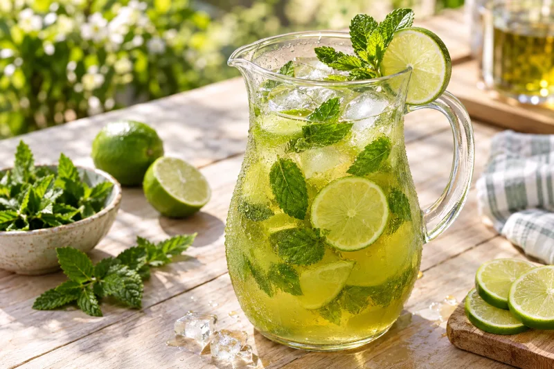 Glas mit grünem Tee, Limettenscheiben und Minze, mit Eiswürfeln