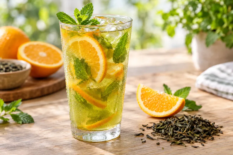 Glas mit grünem Eistee, Orangenscheiben und Minze, daneben eine Karaffe.