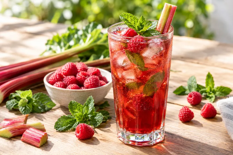 Glas mit Himbeer-Rhabarber-Eistee, Eiswürfeln, Himbeeren und Minze