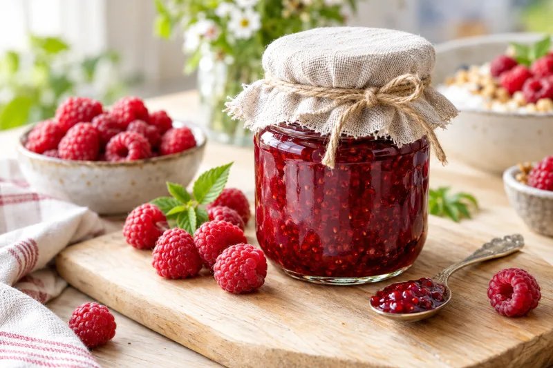 Glas mit selbstgemachter veganer Himbeermarmelade, daneben frische Himbeeren auf Holzbrett