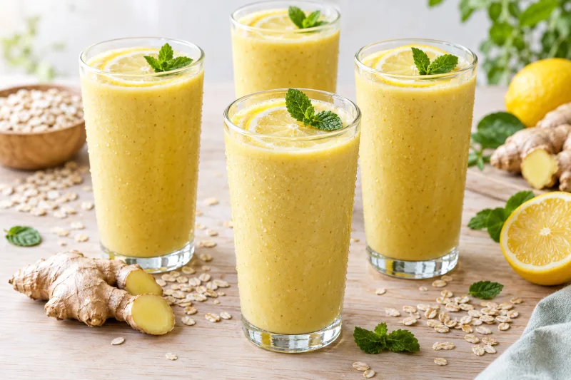 Vegane Ingwer-Zitronen-Smoothies in Gläsern mit Zitronenscheibe und Minze garniert