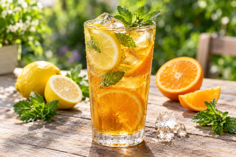 Glas mit eiskaltem Ingwer-Zitrus-Eistee, Zitronen- und Orangenscheiben, Eiswürfeln und Minze