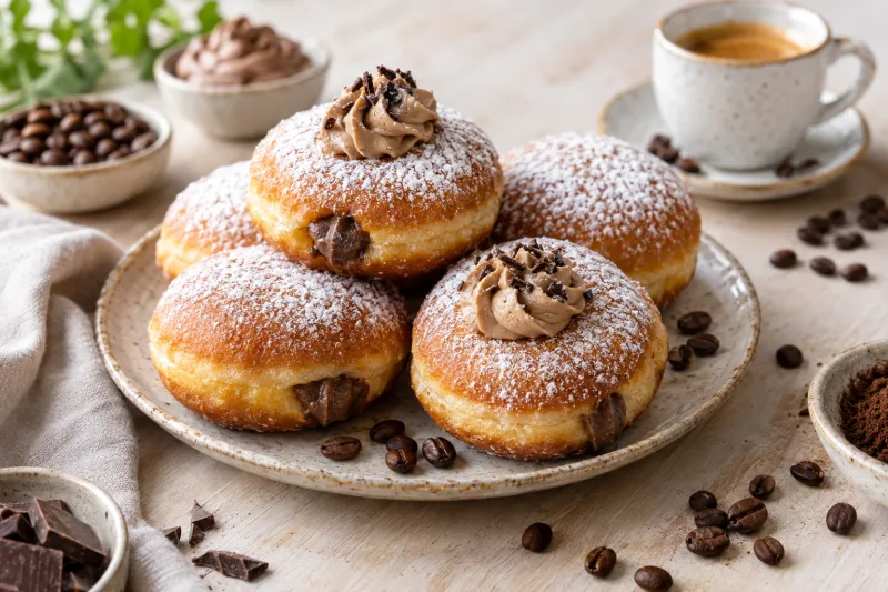 Vegane Kaffee-Mokka-Donuts mit Puderzucker bestäubt auf einem Teller