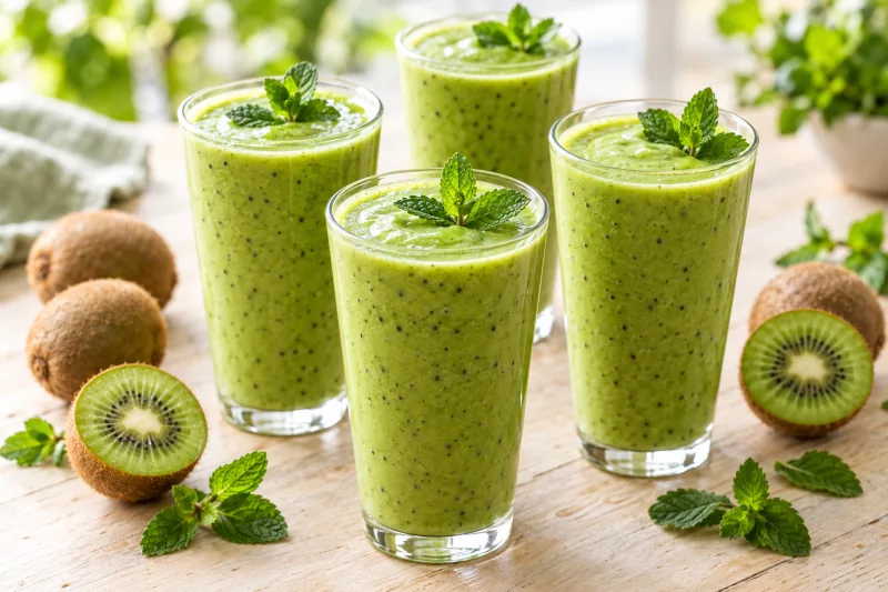 Vier Gläser mit leuchtend grünem Kiwi-Grüner Tee-Shake, garniert mit Minzeblättern