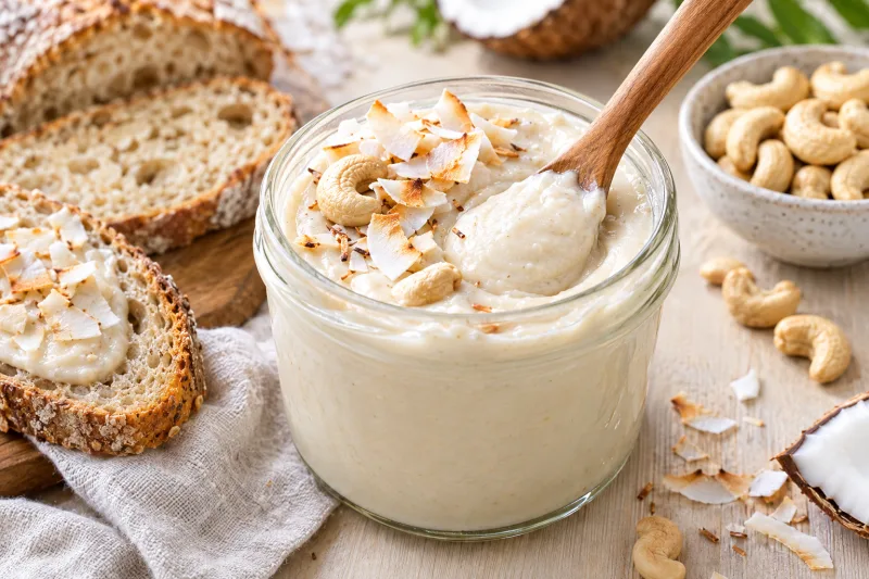 Cremiger Kokos-Cashew-Aufstrich in einem Glas mit Löffel und frischem Brot
