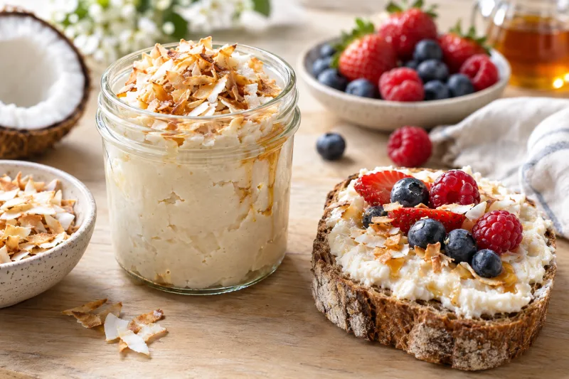 Cremiger veganer Kokosnuss-Aufstrich in einem Glas mit frischem Brot und Kokosflocken